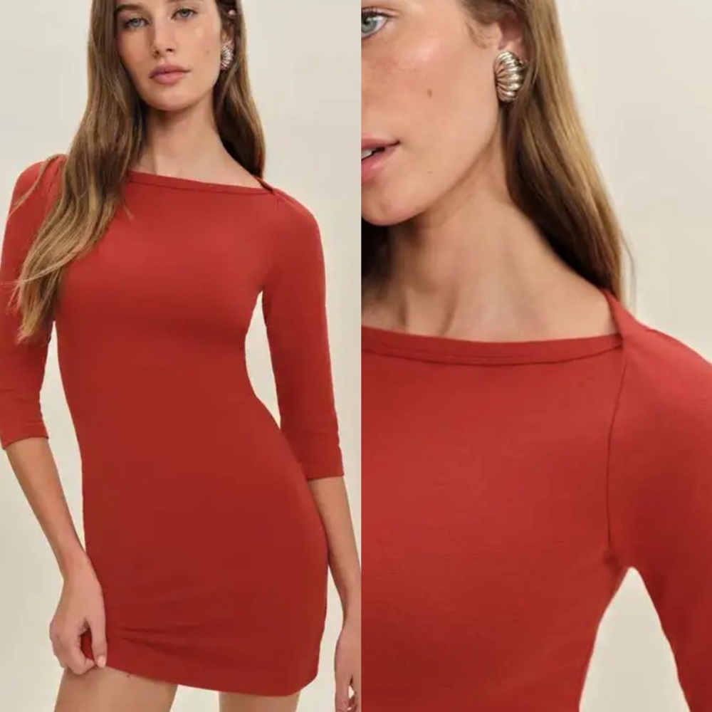 Reformation Rocky Slash Neck Mini Dress Mid Sleeve Size Larger L Red